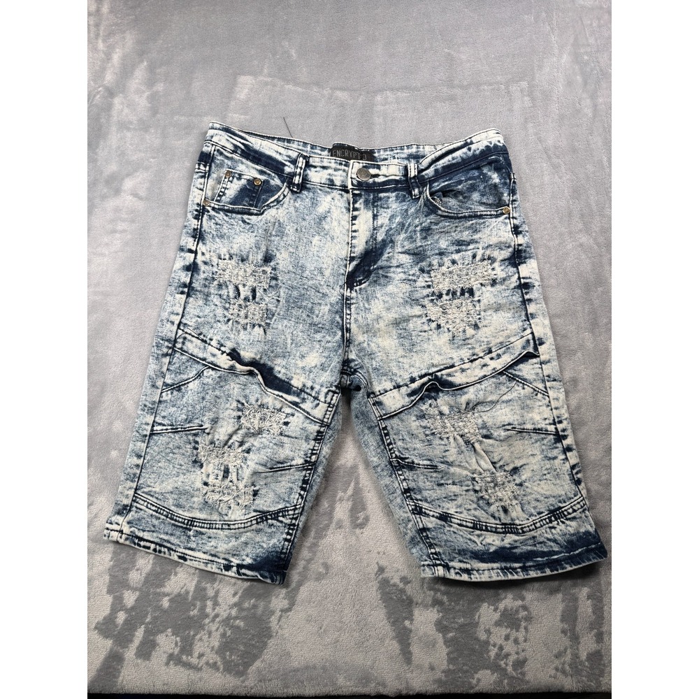 Encrypted Denim Shorts Mens 36 Blue Acid Wash Stretch Mid Rise Pockets Summer